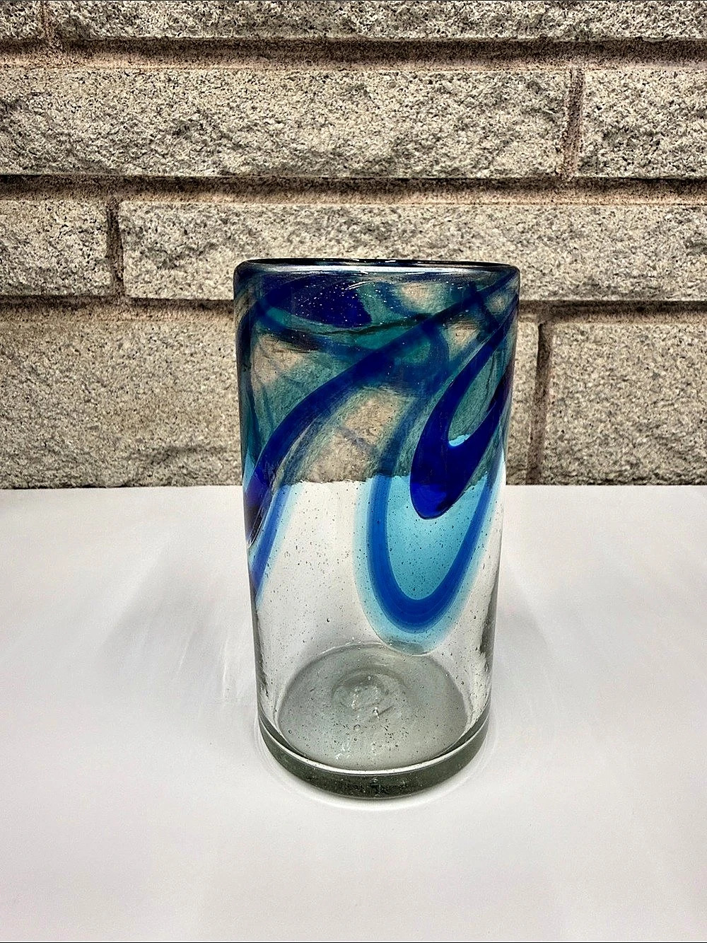 Hand-Blown Art Glass Cylinder Vase – Cobalt Blue & Turquoise Swirl – Pontil Base